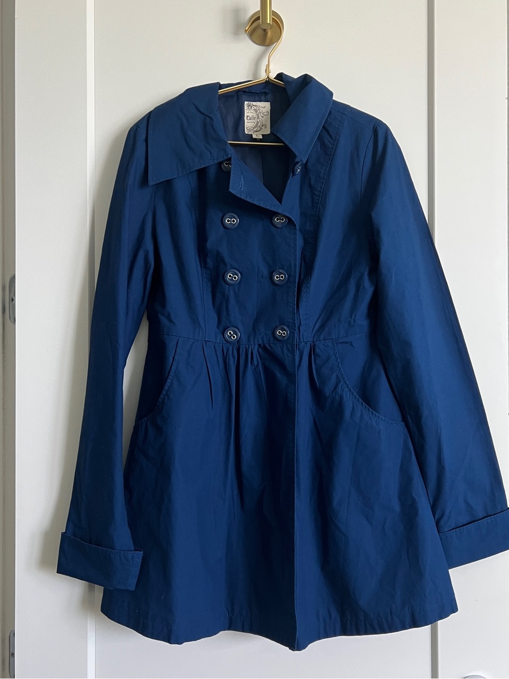 Anthropologie Tulle Royal Blue Double Breasted Cotton Trench Coat Jacket Large - Picture 6 of 16